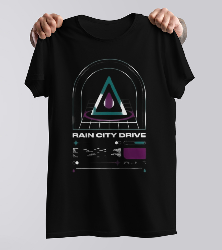 Rain City Drive Teardrop Neon Triangle Symbol With Arch And Grid Design T-Shirt