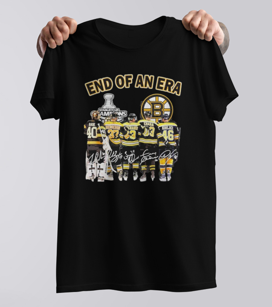 Stanley Cup Champions End Of An Era Rask Bergeron Chara Krejci Signatures Bruins T-Shirt