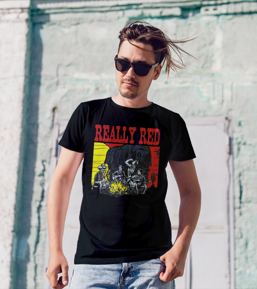 Really Red Cow Punks Campfire Scene With Musical Cowboys And Wagon T-Shirt
