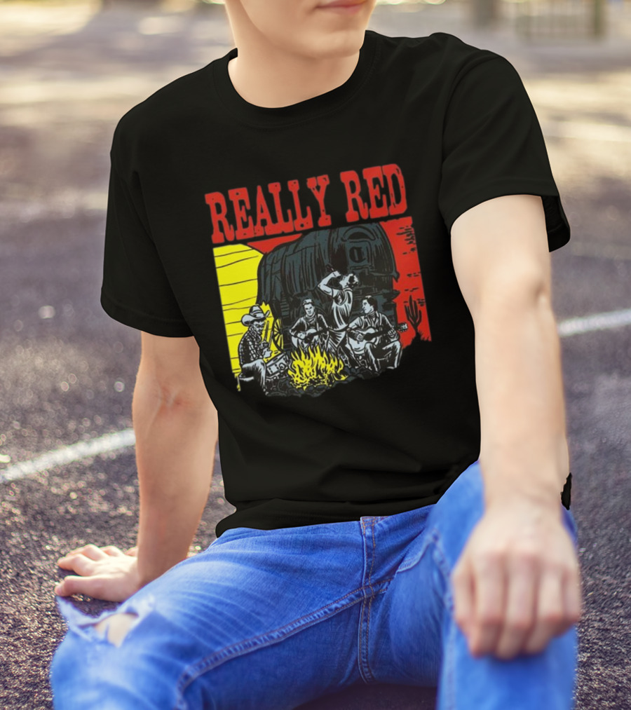 Really Red Cow Punks Campfire Scene With Musical Cowboys And Wagon T-Shirt