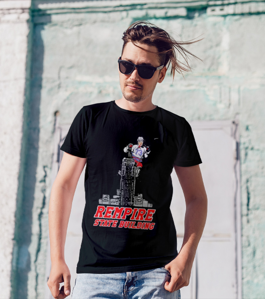 Rempire State Building Red And Blue Hockey Player Skyscraper Concept T-Shirt