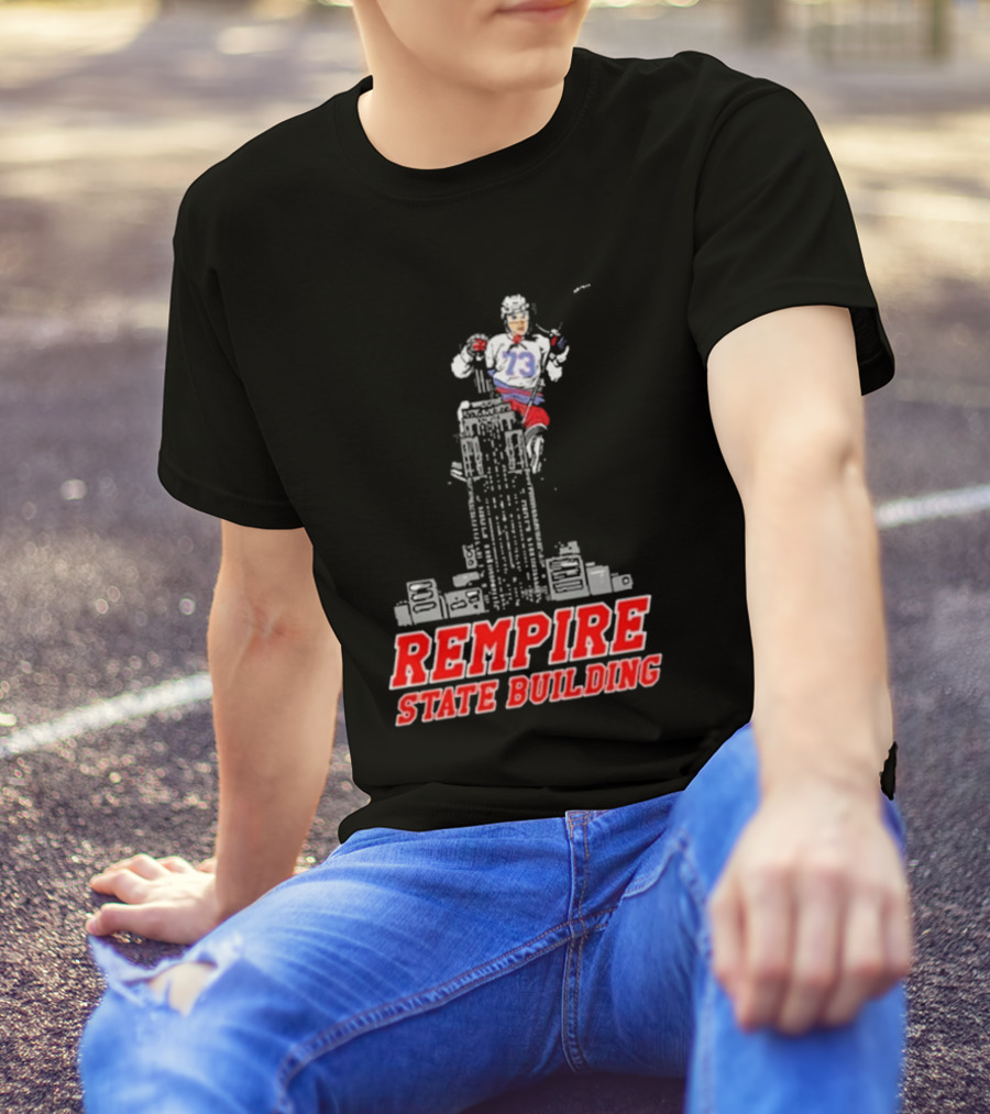 Rempire State Building Red And Blue Hockey Player Skyscraper Concept T-Shirt