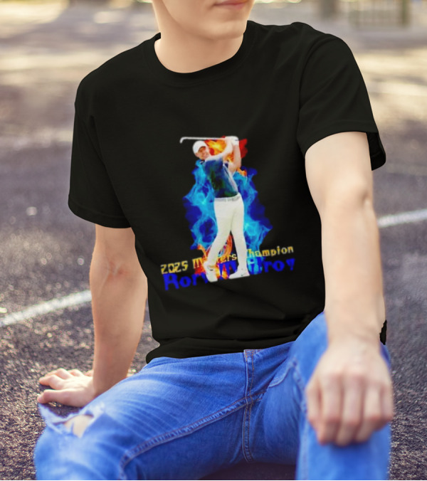 Rory McIlroy 2025 Masters Champion Golf Swing With Fire And Blue Flame Background T-Shirt