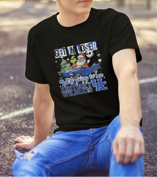 Get In Loser Santa Grinch Jack Skellington Driving Car Kentucky Wildcats Christmas T-Shirt