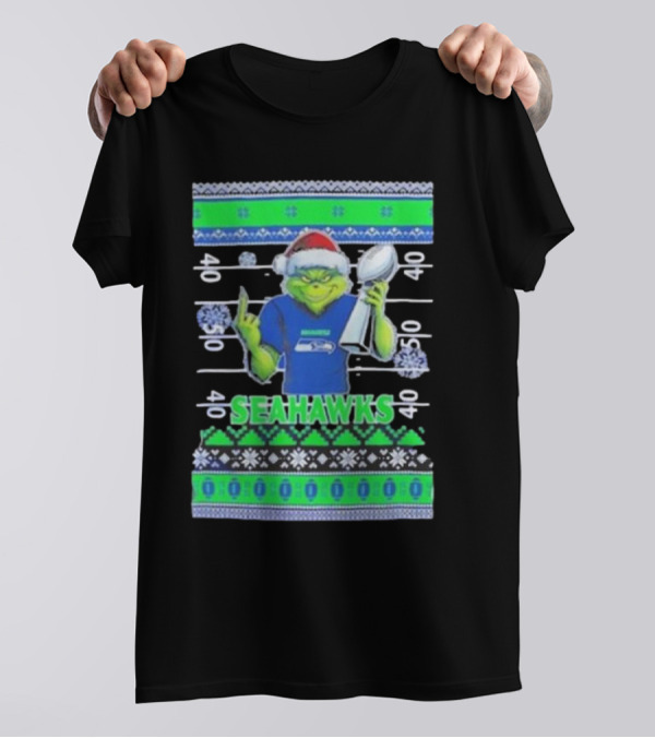 Seattle Seahawks Grinch Christmas Super Bowl Trophy Ugly Sweater T-Shirt