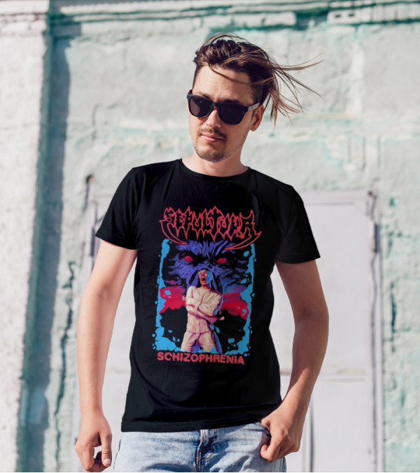 Sepultura Schizophrenia Album Art With Red-Eyed Beast And Man In Straitjacket T-Shirt