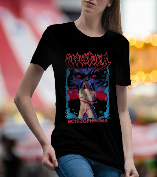 Sepultura Schizophrenia Album Art With Red-Eyed Beast And Man In Straitjacket T-Shirt