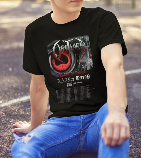 Obituary Cause Of Death Celebrating 35 Years Tour 2025 Nails Terror SpiritWorld Pest Control T-Shirt