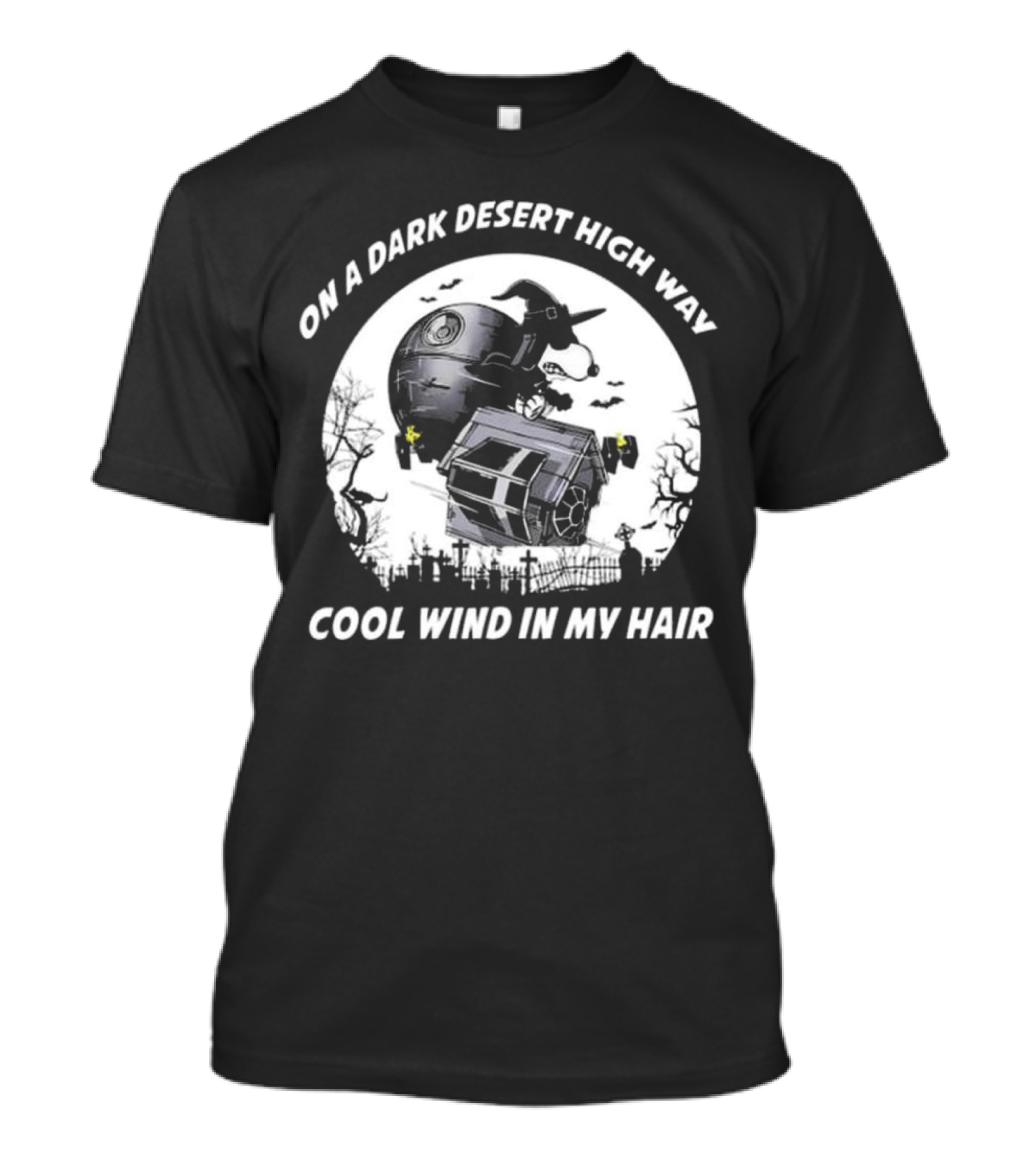 On A Dark Desert Highway Cool Wind In My Hair Halloween Witch Riding Death Star T-Shirt