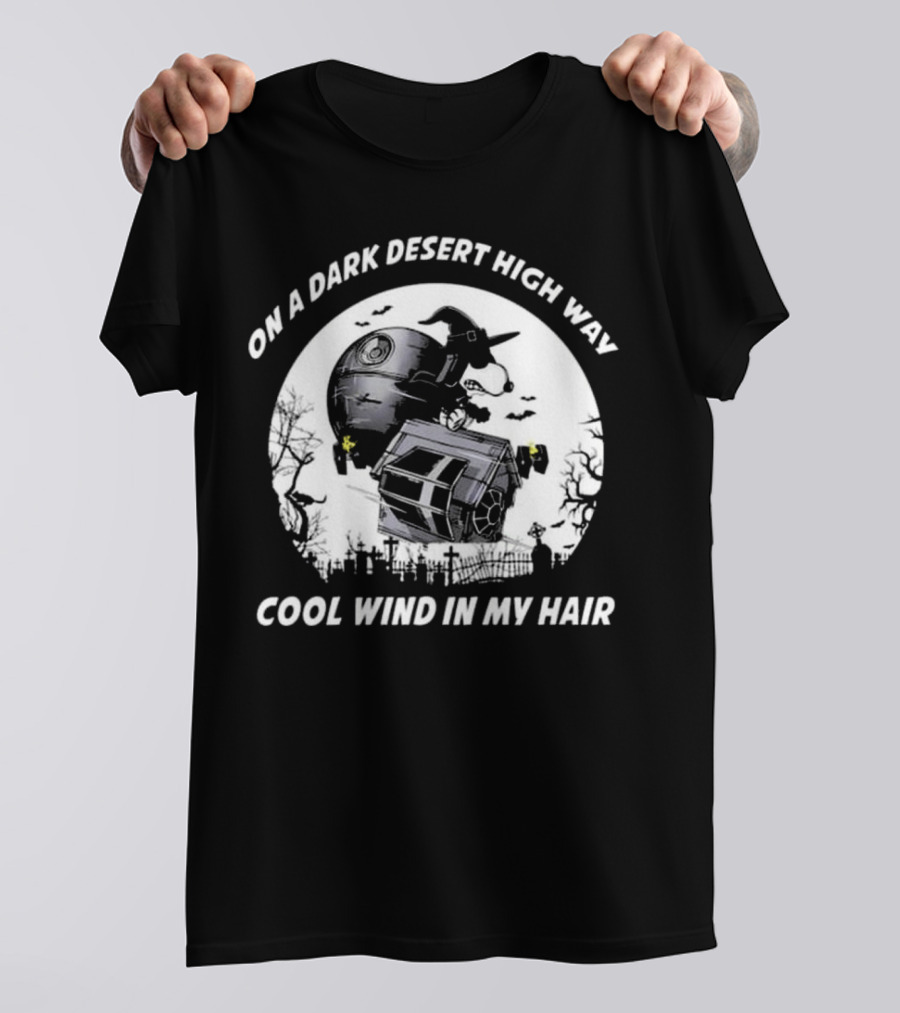 On A Dark Desert Highway Cool Wind In My Hair Halloween Witch Riding Death Star T-Shirt