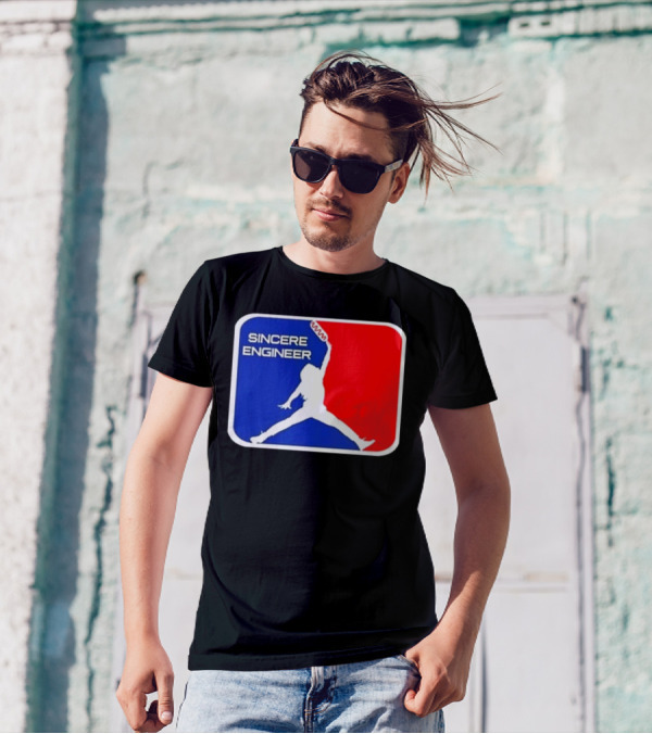Sincere Engineer Jumping Figure With Hot Dog Icon T-Shirt