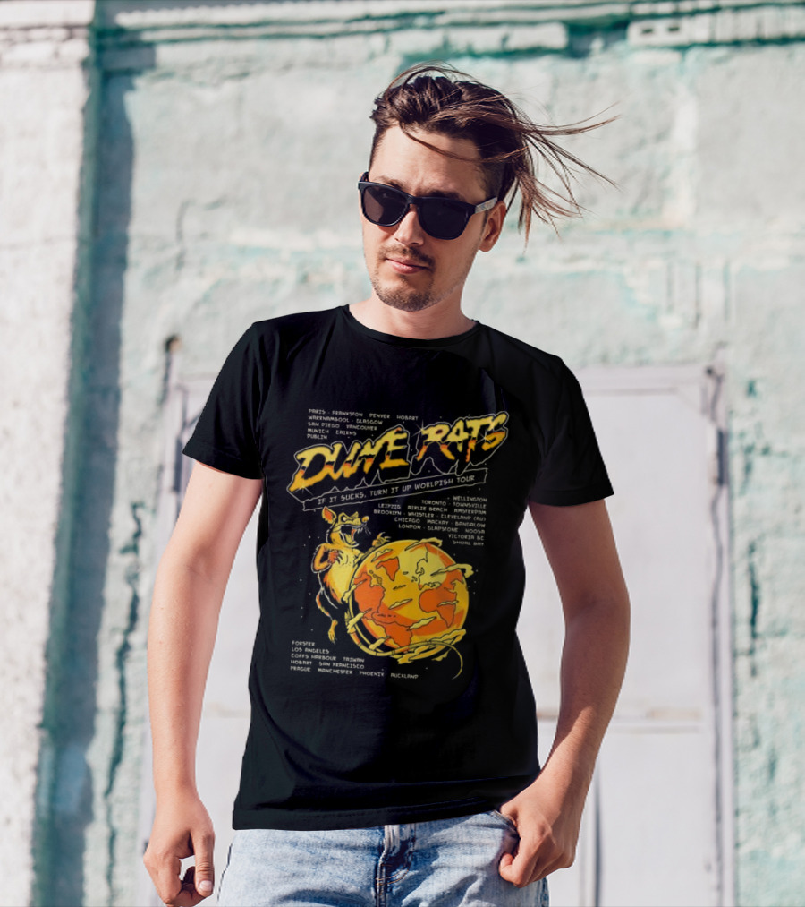 Dune Rats Worldish Tour If It Sucks With Cartoon Rat And Flaming Earth T-Shirt