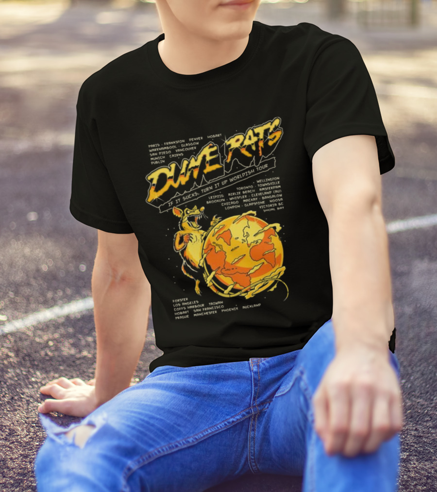 Dune Rats Worldish Tour If It Sucks With Cartoon Rat And Flaming Earth T-Shirt