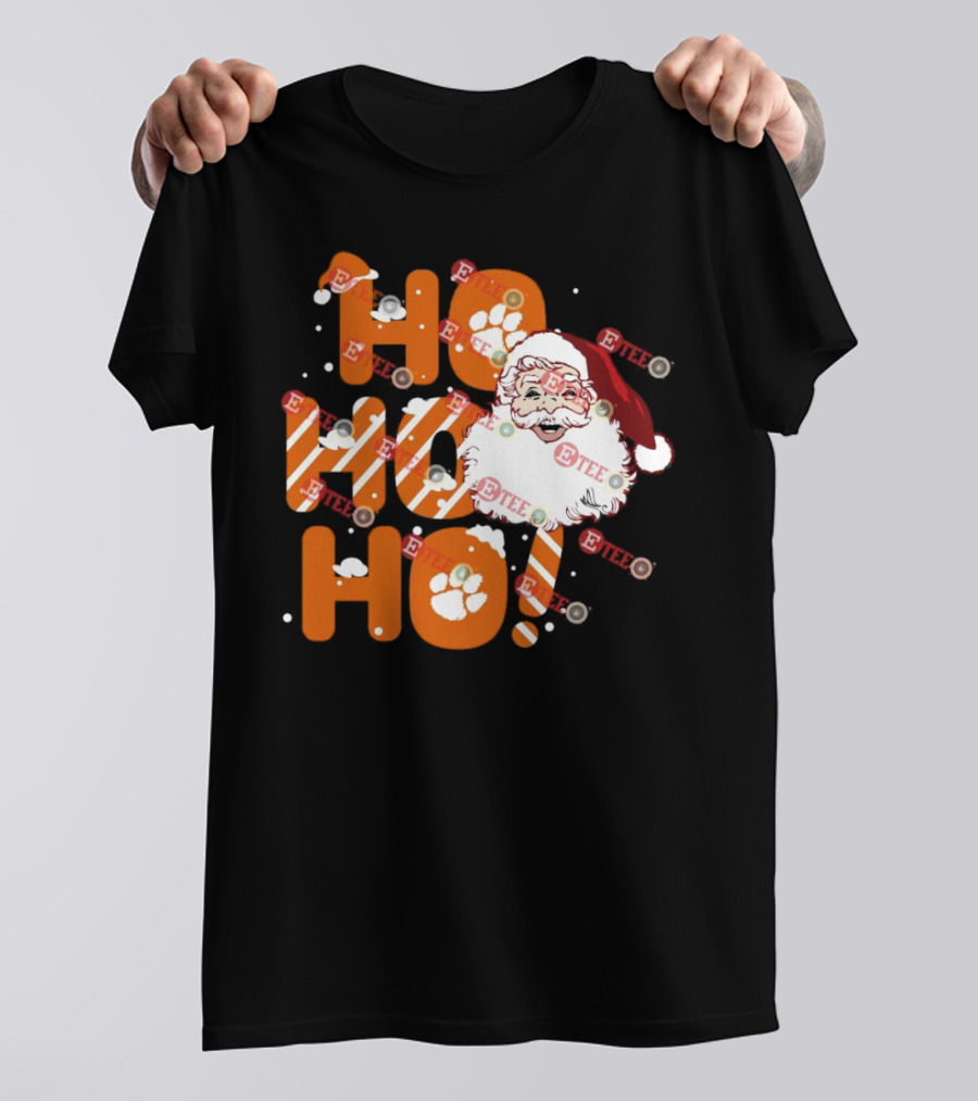 Clemson Tigers Santa Claus Ho Ho Ho Christmas Paw Print Snowflakes T-Shirt