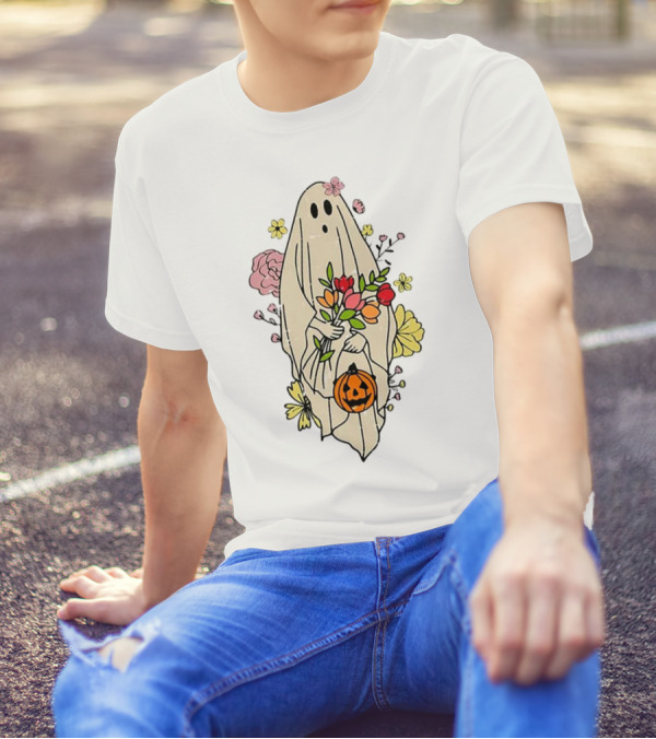 Halloween Pumpkin Costume Funny Vintage Cute Floral Ghost Bouquet T-Shirt