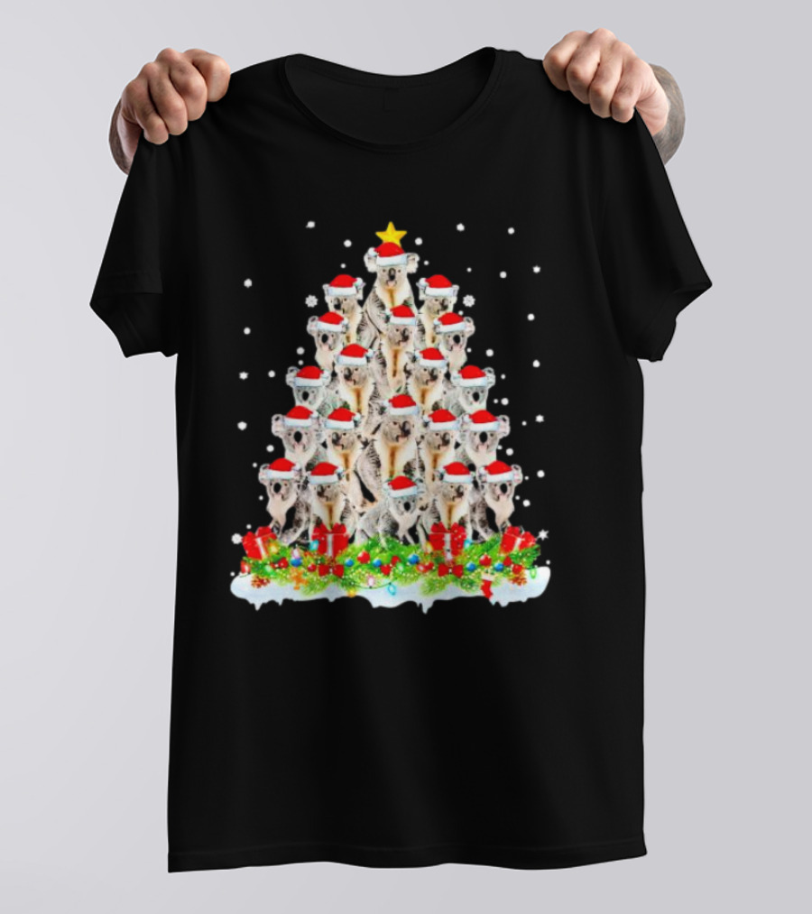 Koala Christmas Tree With Santa Hats Snowflakes And Gifts T-Shirt