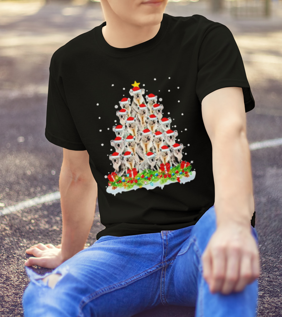 Koala Christmas Tree With Santa Hats Snowflakes And Gifts T-Shirt