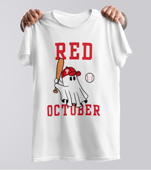 Phillies Red October Ghost Baseball Player In Cap And Bat T-Shirt