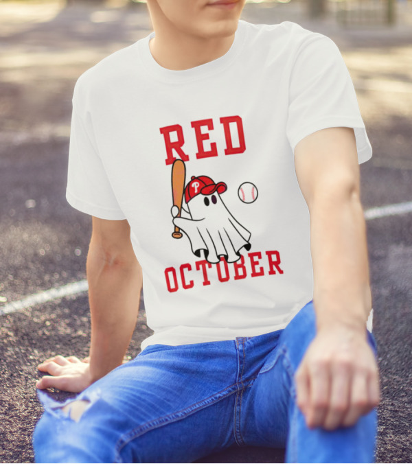Phillies Red October Ghost Baseball Player In Cap And Bat T-Shirt