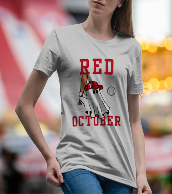 Phillies Red October Ghost Baseball Player In Cap And Bat T-Shirt