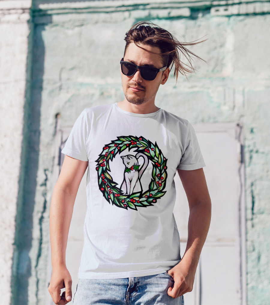 White Cat In Christmas Wreath With Holly And Berries T-Shirt
