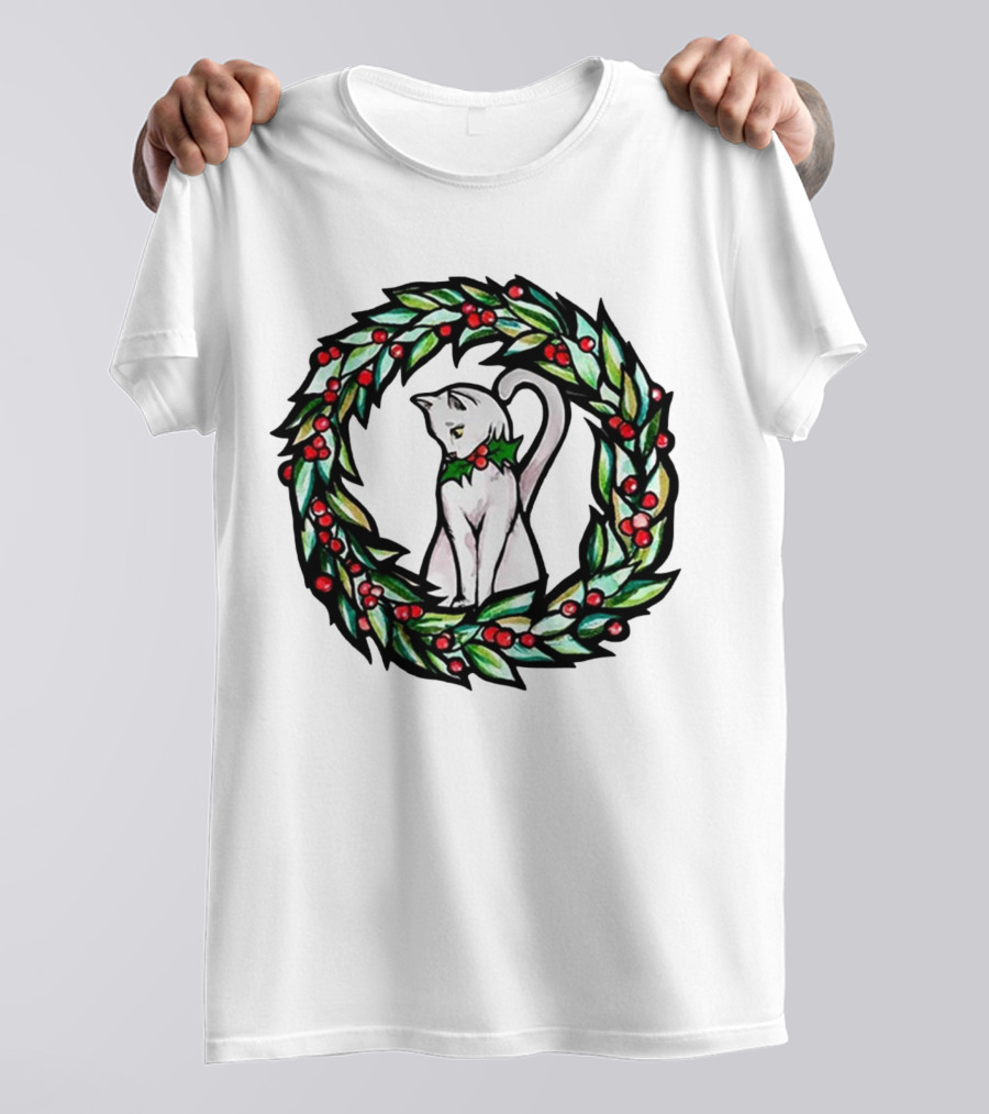 White Cat In Christmas Wreath With Holly And Berries T-Shirt