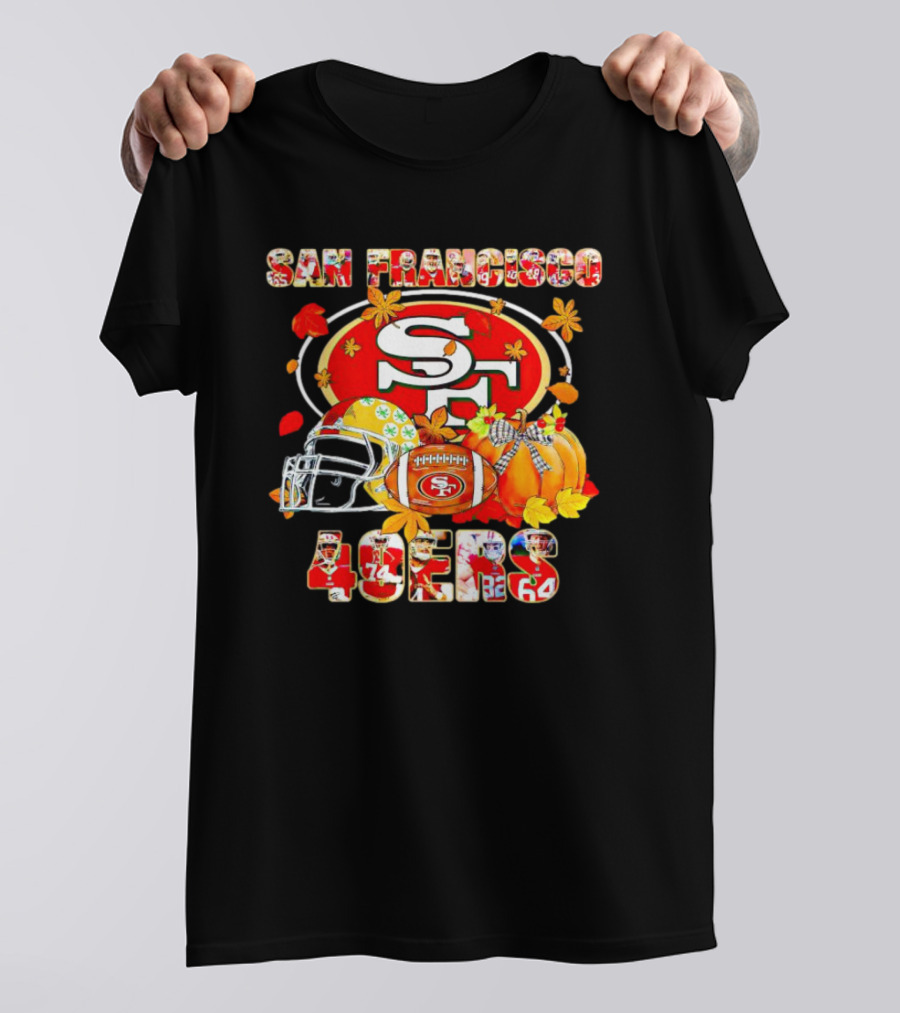 San Francisco 49ers Autumn Football With Helmets And Pumpkins T-Shirt