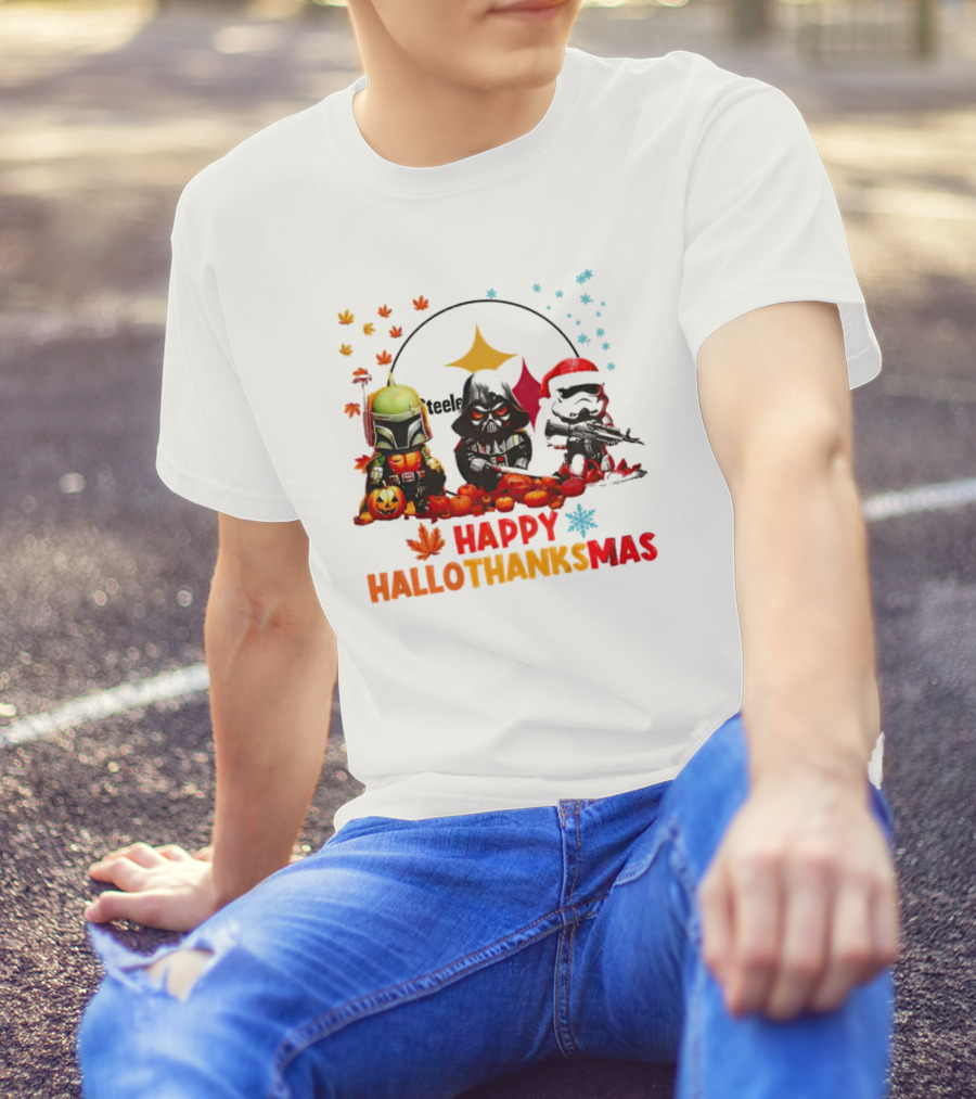Star Wars Chibi Steelers Happy Hallothanksmas Pumpkins Leaves Snowflakes T-Shirt