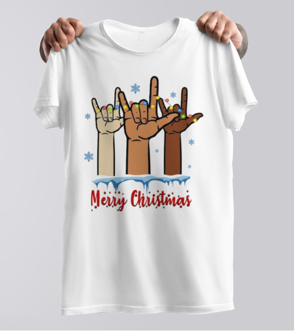 Merry Christmas Deaf Awareness Hand Sign Language With Snowflakes And Festive Lights T-Shirt