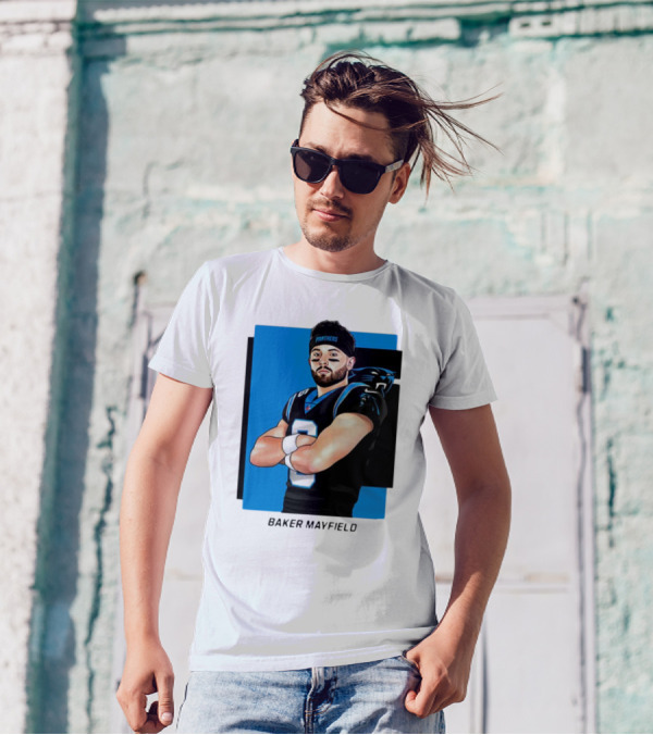 Carolina Panthers Baker Mayfield Artwork With Team Uniform T-Shirt