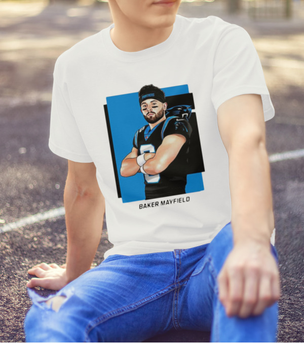 Carolina Panthers Baker Mayfield Artwork With Team Uniform T-Shirt