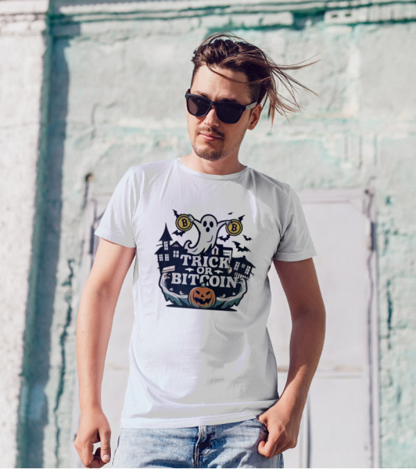 Trick Or Bitcoin Ghost Halloween With Haunted Houses And Pumpkin T-Shirt