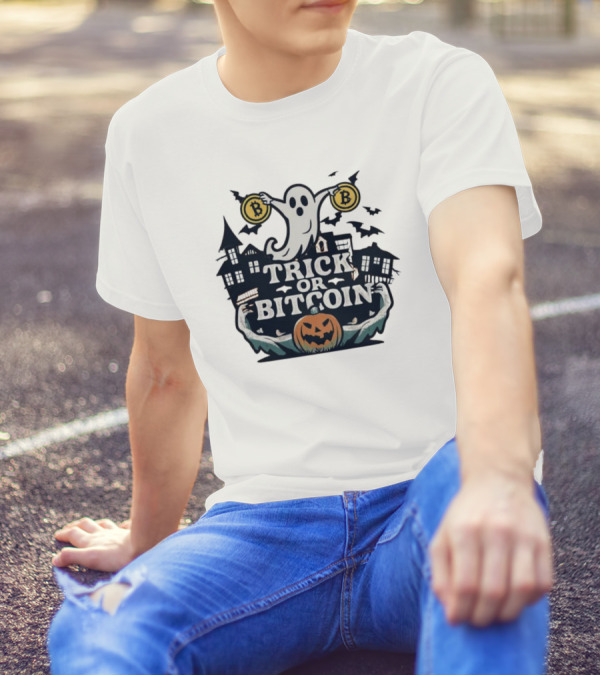 Trick Or Bitcoin Ghost Halloween With Haunted Houses And Pumpkin T-Shirt