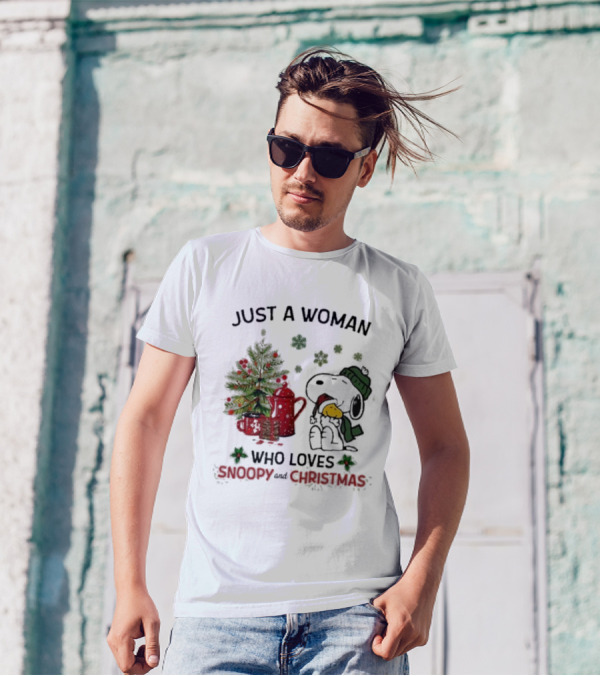 Just A Woman Who Loves Snoopy Hug Woodstock And Christmas T-Shirt