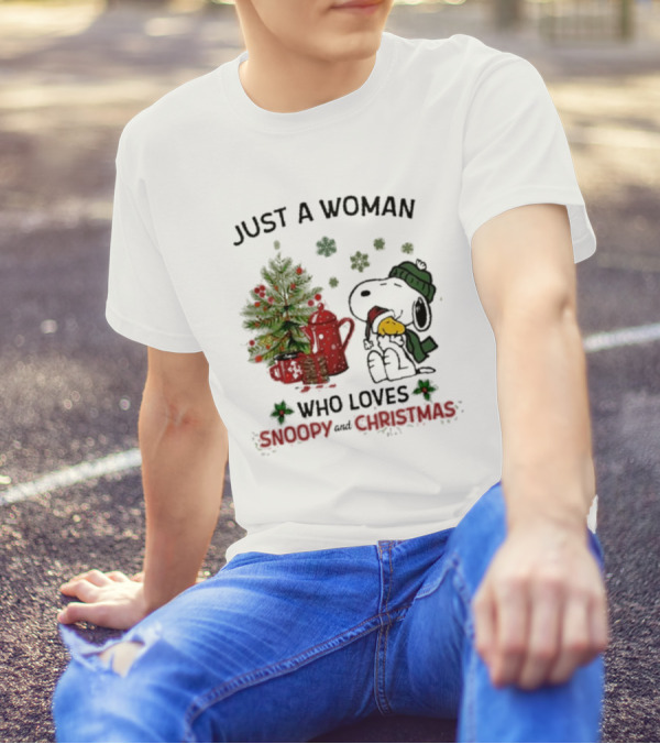 Just A Woman Who Loves Snoopy Hug Woodstock And Christmas T-Shirt