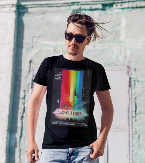 Star Trek The Motion Picture The Human Adventure Is Just Beginning Colorful Light Beams And Starry Background T-Shirt