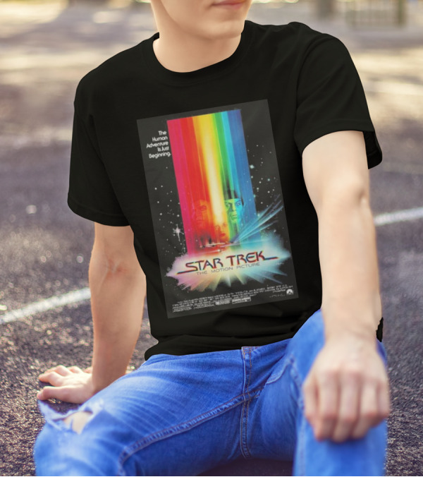 Star Trek The Motion Picture The Human Adventure Is Just Beginning Colorful Light Beams And Starry Background T-Shirt