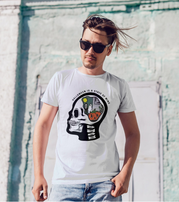 Halloween Is A State Of Mind Skull With Pumpkin And Ghosts T-Shirt