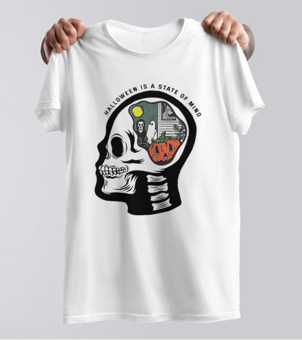 Halloween Is A State Of Mind Skull With Pumpkin And Ghosts T-Shirt
