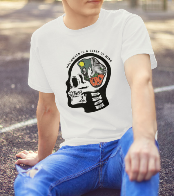 Halloween Is A State Of Mind Skull With Pumpkin And Ghosts T-Shirt