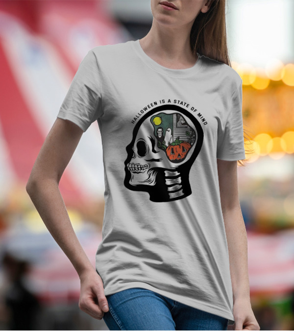 Halloween Is A State Of Mind Skull With Pumpkin And Ghosts T-Shirt