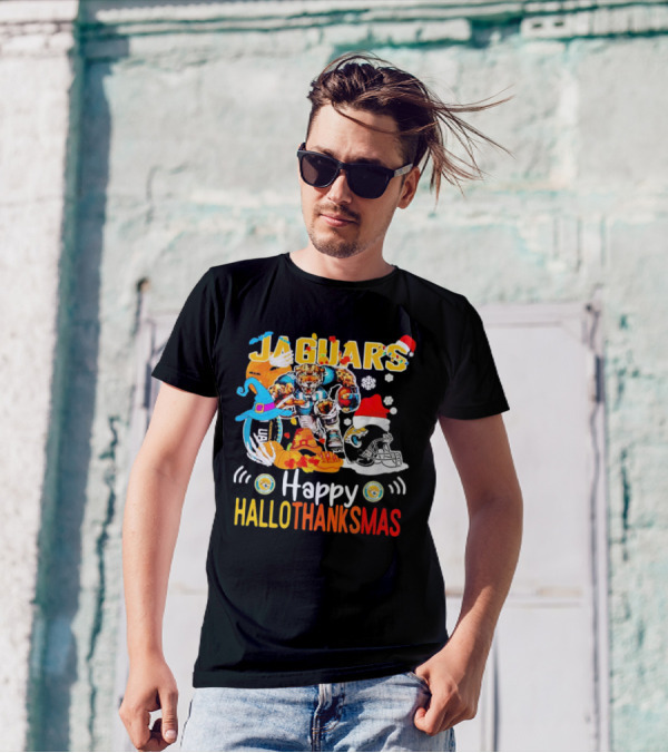 Jaguars Mascot Happy Hallothanksmas Football Halloween Thanksgiving Christmas T-Shirt