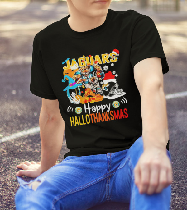 Jaguars Mascot Happy Hallothanksmas Football Halloween Thanksgiving Christmas T-Shirt