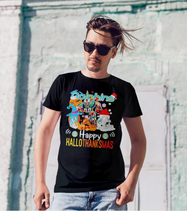 Miami Dolphins Mascot Happy Hallothanksmas Football Festive T-Shirt