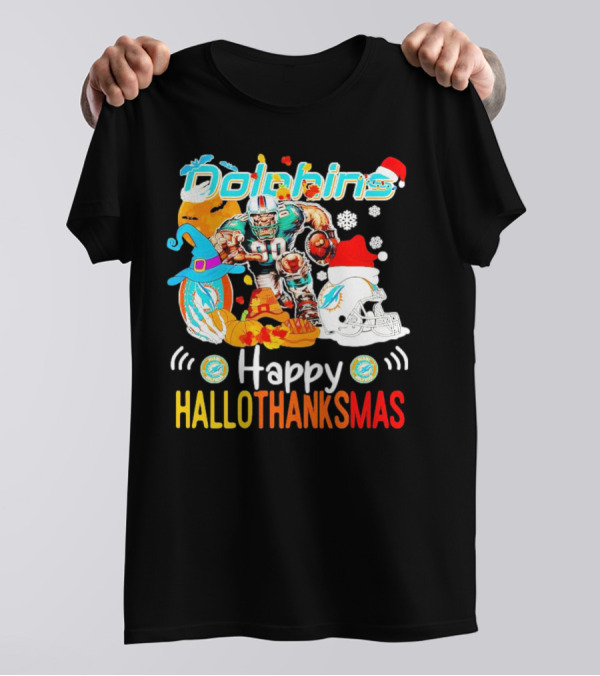 Miami Dolphins Mascot Happy Hallothanksmas Football Festive T-Shirt