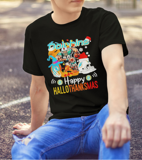 Miami Dolphins Mascot Happy Hallothanksmas Football Festive T-Shirt