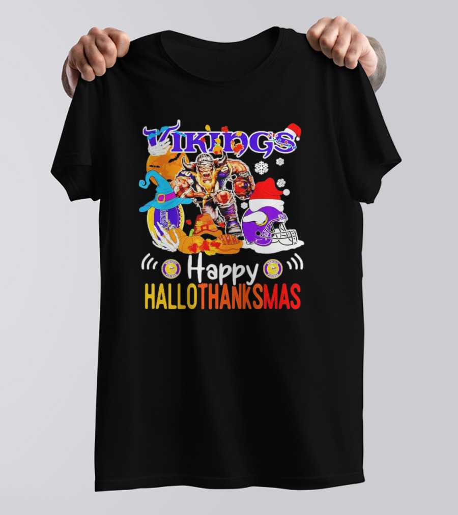 Vikings Mascot Happy Hallothanksmas Festive Football T-Shirt