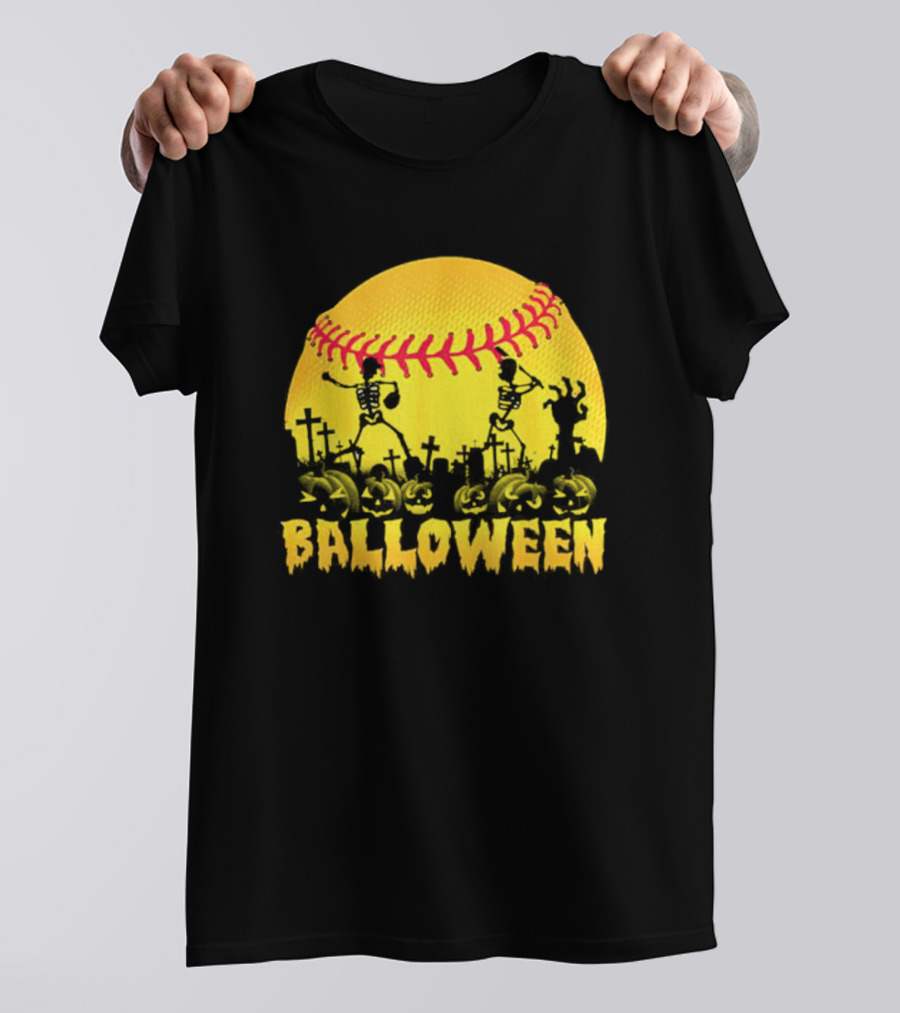 Balloween Softball Halloween Pumpkin Skeletons Graveyard T-Shirt