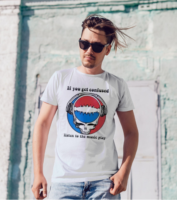 If You Get Confused Listen To The Music Play Skull With Headphones Red And Blue Soundwave T-Shirt