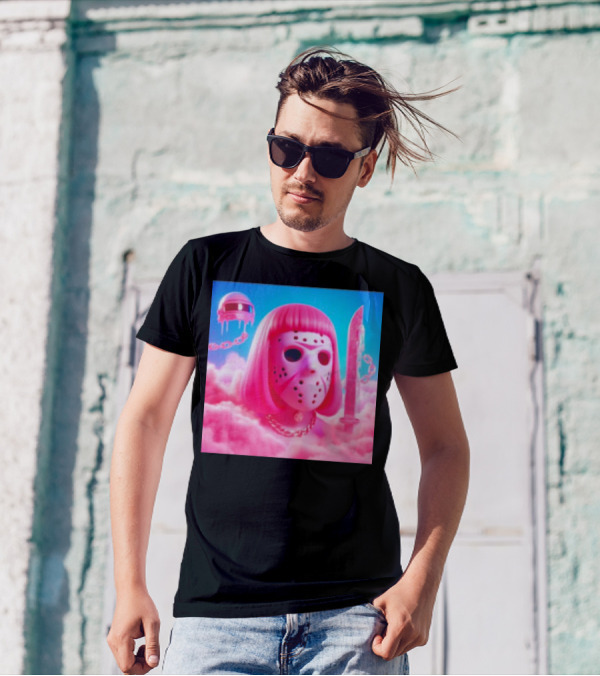 Pink Friday The 13th Jason Hockey Mask And Knife In Pink Clouds T-Shirt
